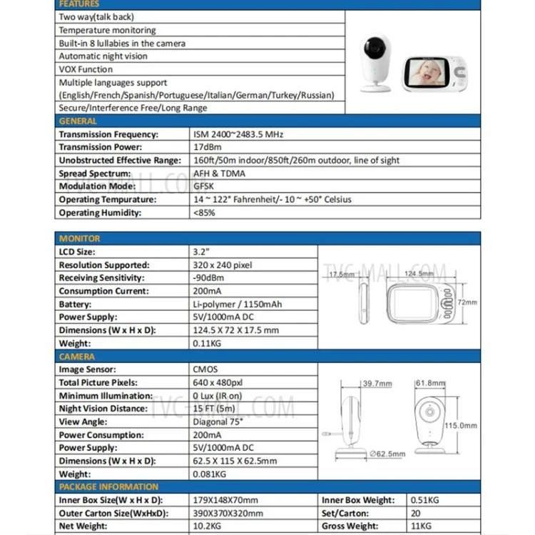 VB609 3.2 inch LCD Video Baby Monitor 2 Way Voice Talk Temperature Monitoring Night Vision Baby Security Camera - US Plug