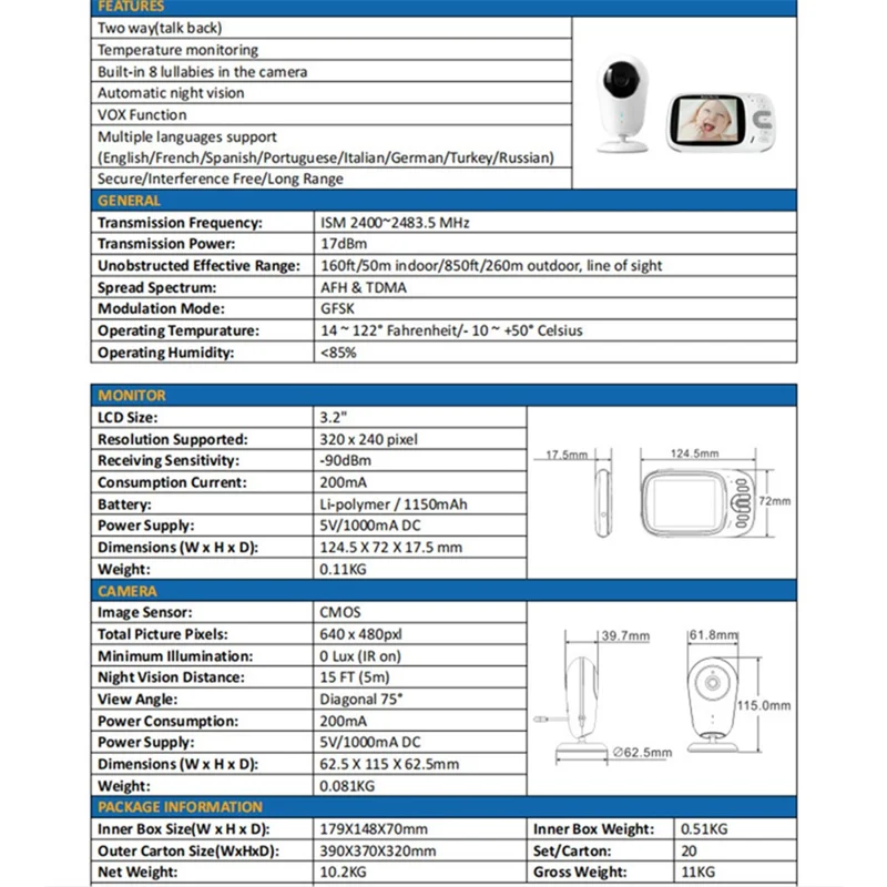 VB609 3.2 inch LCD Video Baby Monitor 2 Way Voice Talk Temperature Monitoring Night Vision Baby Security Camera - AU Plug