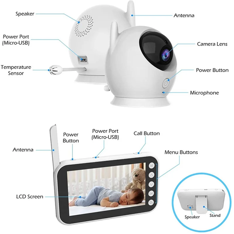 ABM100 4.3 inch LCD Baby Monitor Temperature Monitoring Lullabies 2 Way Voice Talk Baby Security IR Night Vision Video Camera - US Plug