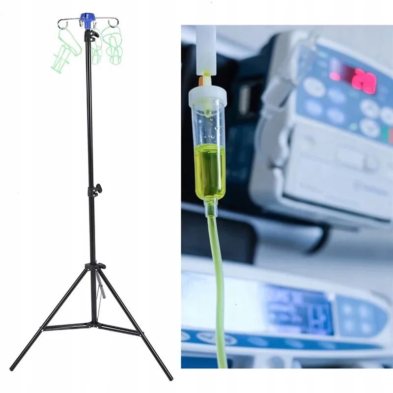 IV Drip Bag Stand Aluminum Alloy Foldable Base Adjustable Height IV Pole Stand with 4 Hooks