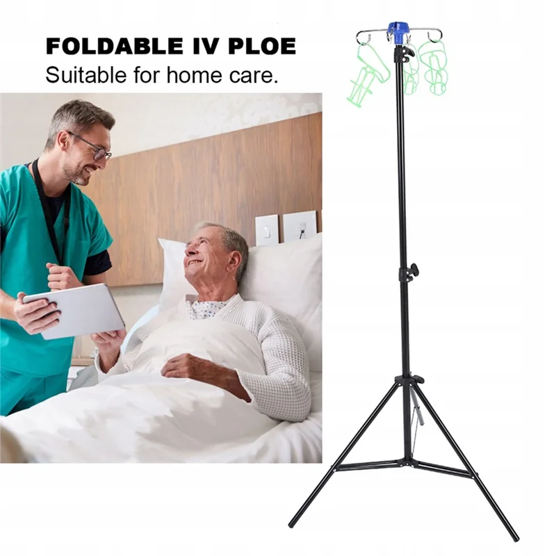 IV Drip Bag Stand Aluminum Alloy Foldable Base Adjustable Height IV Pole Stand with 4 Hooks