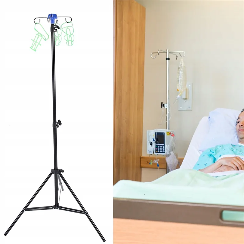 IV Drip Bag Stand Aluminum Alloy Foldable Base Adjustable Height IV Pole Stand with 4 Hooks