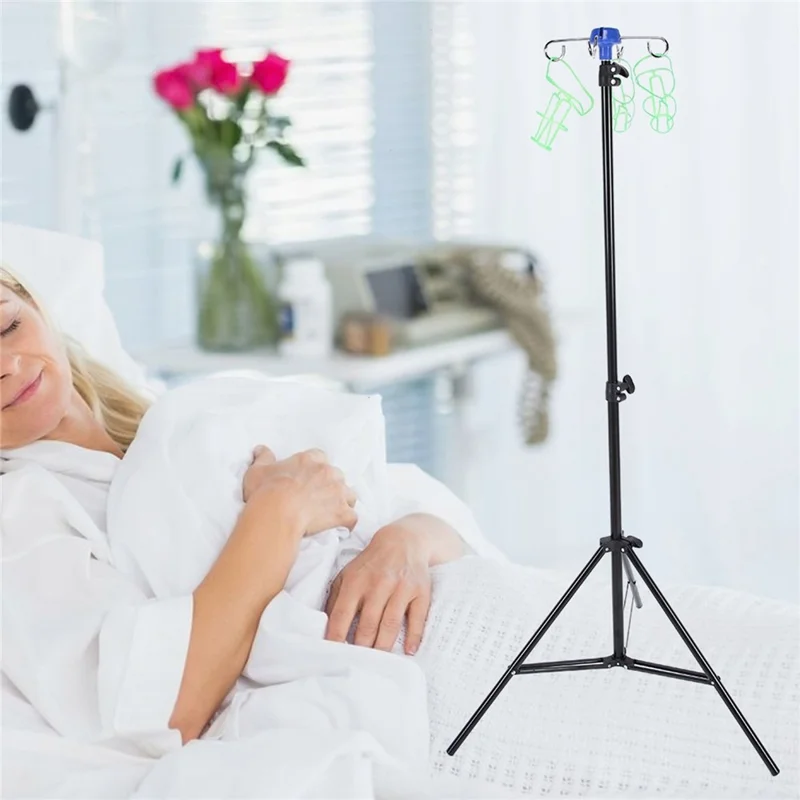 IV Drip Bag Stand Aluminum Alloy Foldable Base Adjustable Height IV Pole Stand with 4 Hooks