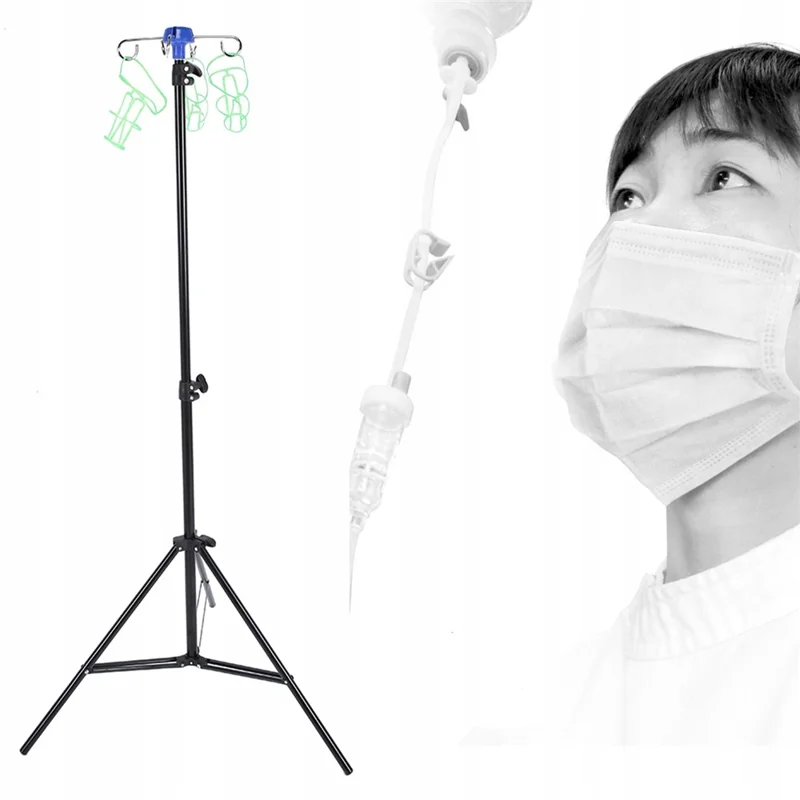 IV Drip Bag Stand Aluminum Alloy Foldable Base Adjustable Height IV Pole Stand with 4 Hooks