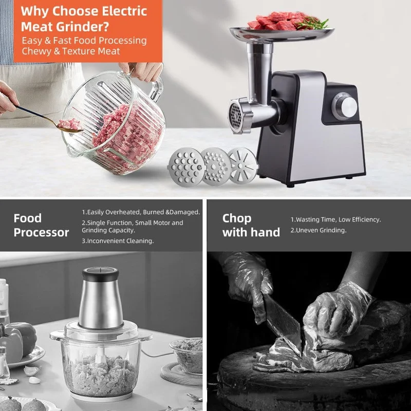 Picadora de Carne Eléctrica de Acero Inoxidable Multifunción con Embutidora y Picadora (Sin BPA, Sin FDA) - Enchufe EU
