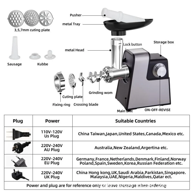 Picadora de Carne Eléctrica de Acero Inoxidable Multifunción con Embutidora y Picadora (Sin BPA, Sin FDA) - Enchufe EU
