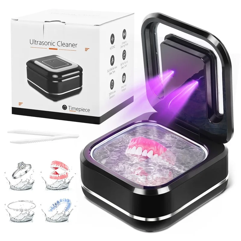 Ultrasonic Retainer Cleaner 42,000Hz 4 Modes Denture Cleaner for Mouth Guards, Braces, Toothbrush Heads, EU Plug - Black