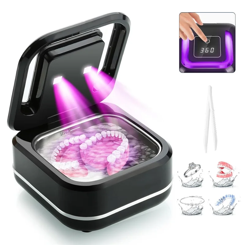 Ultrasonic Retainer Cleaner 42,000Hz 4 Modes Denture Cleaner for Mouth Guards, Braces, Toothbrush Heads, EU Plug - Black