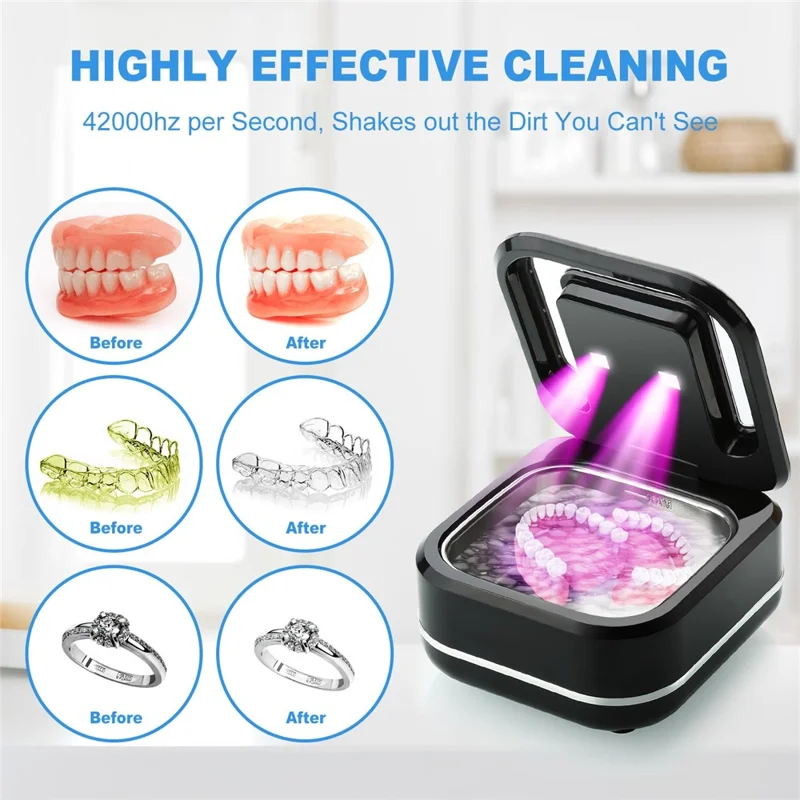 Ultrasonic Retainer Cleaner 42,000Hz 4 Modes Denture Cleaner for Mouth Guards, Braces, Toothbrush Heads, EU Plug - Black