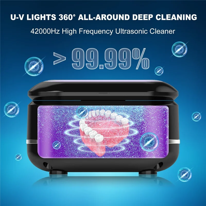 Ultrasonic Retainer Cleaner 42,000Hz 4 Modes Denture Cleaner for Mouth Guards, Braces, Toothbrush Heads, EU Plug - Black