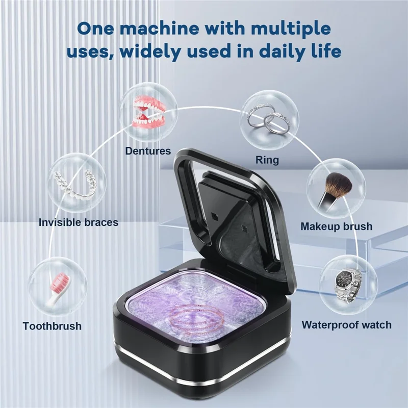 Ultrasonic Retainer Cleaner 42,000Hz 4 Modes Denture Cleaner for Mouth Guards, Braces, Toothbrush Heads, EU Plug - Black