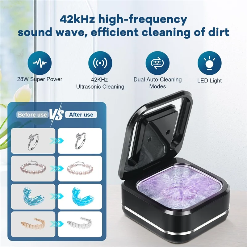 Ultrasonic Retainer Cleaner 42,000Hz 4 Modes Denture Cleaner for Mouth Guards, Braces, Toothbrush Heads, EU Plug - Black