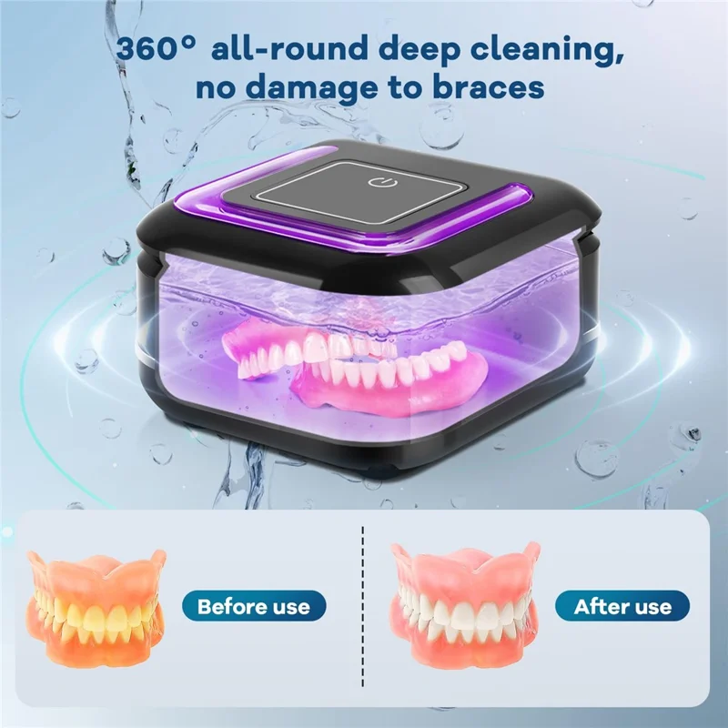 Ultrasonic Retainer Cleaner 42,000Hz 4 Modes Denture Cleaner for Mouth Guards, Braces, Toothbrush Heads, EU Plug - Black