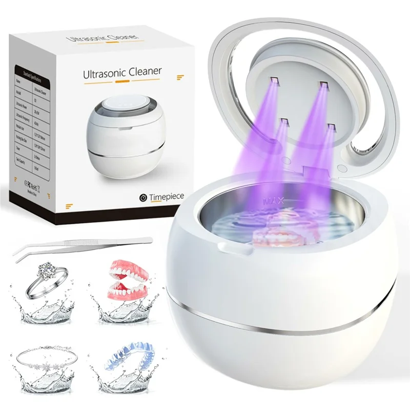 Ultrasonic Retainer Cleaner Machine 43khz Cleaning Pod with 2 Cleaning Modes Digital Timer for Mouth Guard, Jewelry, EU Plug - White