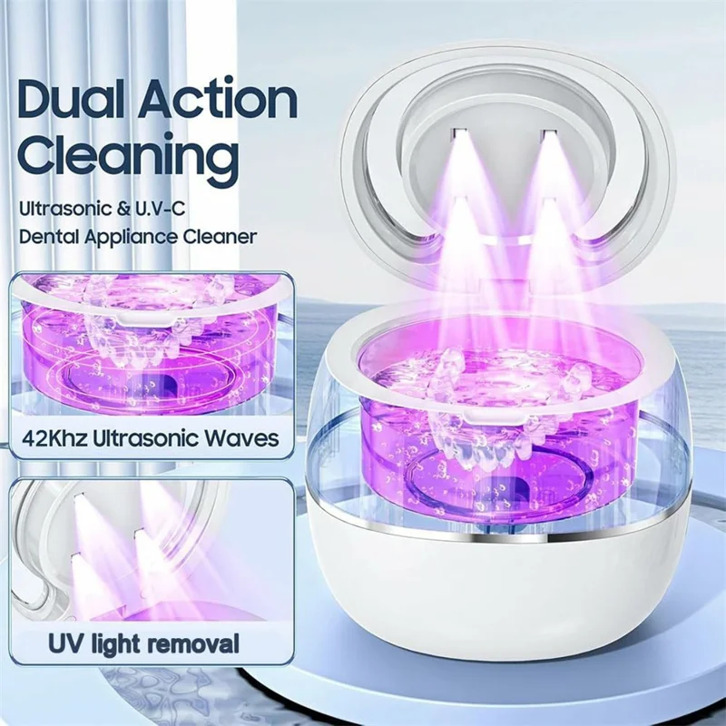 Ultrasonic Retainer Cleaner Machine 43khz Cleaning Pod with 2 Cleaning Modes Digital Timer for Mouth Guard, Jewelry, EU Plug - White