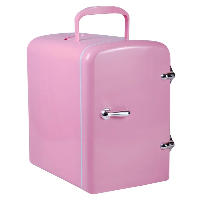 ETC4 4L Mini-Kühlschrank für Auto und Zuhause, 2-fach nutzbar, Kühlbox für Kosmetik, tragbarer Kühlschrank mit zwei Kabeln – EU-Stecker – Rosa