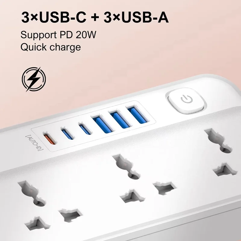 LDNIO SC5614 Power Strip 5 Outlets 6 USB Ports 2500W PD Fast Charging with 2m Cable for Office Home - US Plug