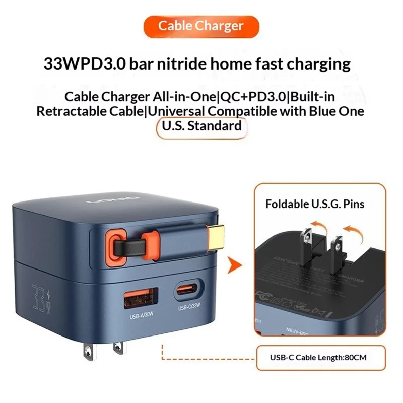 LDNIO Q9 33W GaN Fast Charger Dual Port Power Adapter with 80cm Retractable Type-C Cable for Phone Tablet - Blue