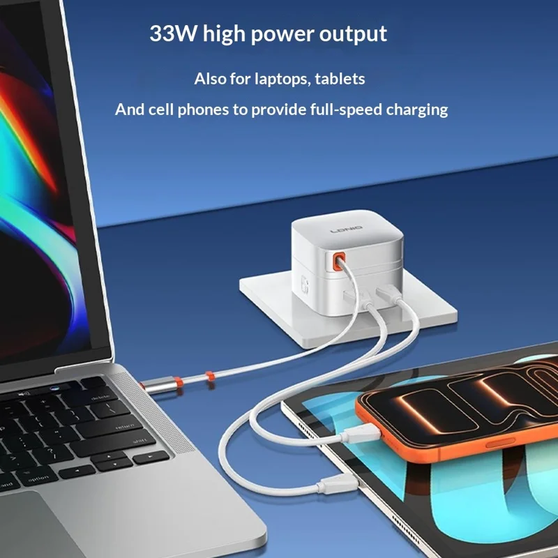 LDNIO Q9 33W GaN Fast Charger Dual Port Power Adapter with 80cm Retractable Type-C Cable for Phone Tablet - Blue