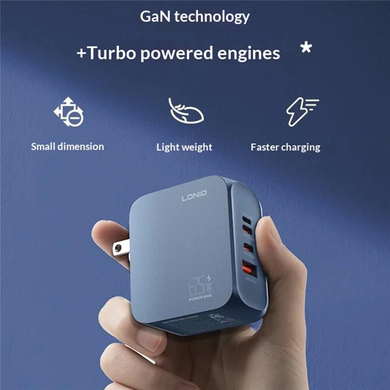 LDNIO Q7 65W GaN Charger 4-Port Smart Distribution Laptop iPhone Android Fast Charging Station - Blue / US Plug