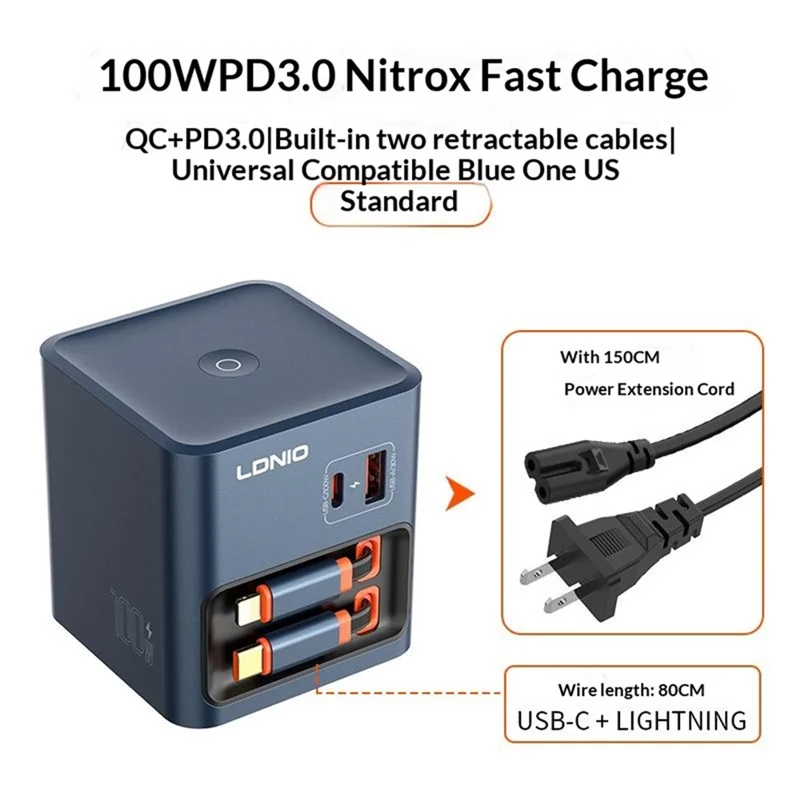 LDNIO Q16 100W GaN Desktop Charger 4-Port USB-C Retractable Cable Fast Charging Station with Smart Digital Display - Blue  /  EU Plug