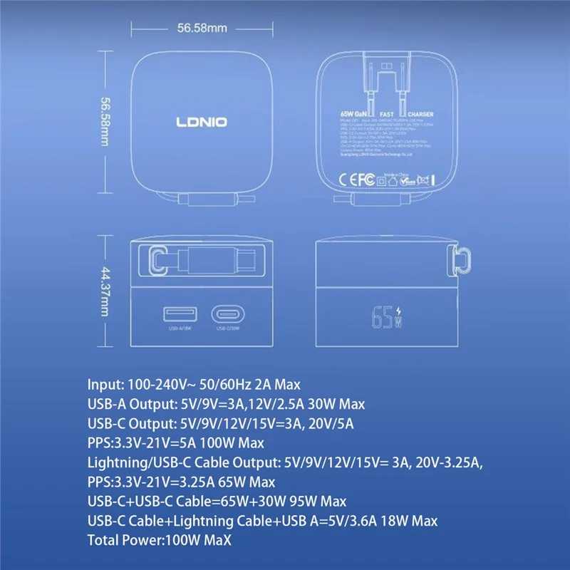 LDNIO Q16 100W GaN Desktop Charger 4-Port USB-C Retractable Cable Fast Charging Station with Smart Digital Display - Blue  /  EU Plug