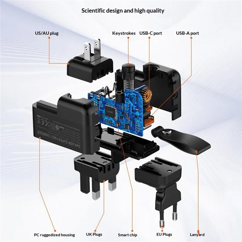 LDNIO Q2618 65W GaN Fast Charger Interchangeable Plugs USB-C PD Fast Charging Station for Laptop iPhone Android - Black