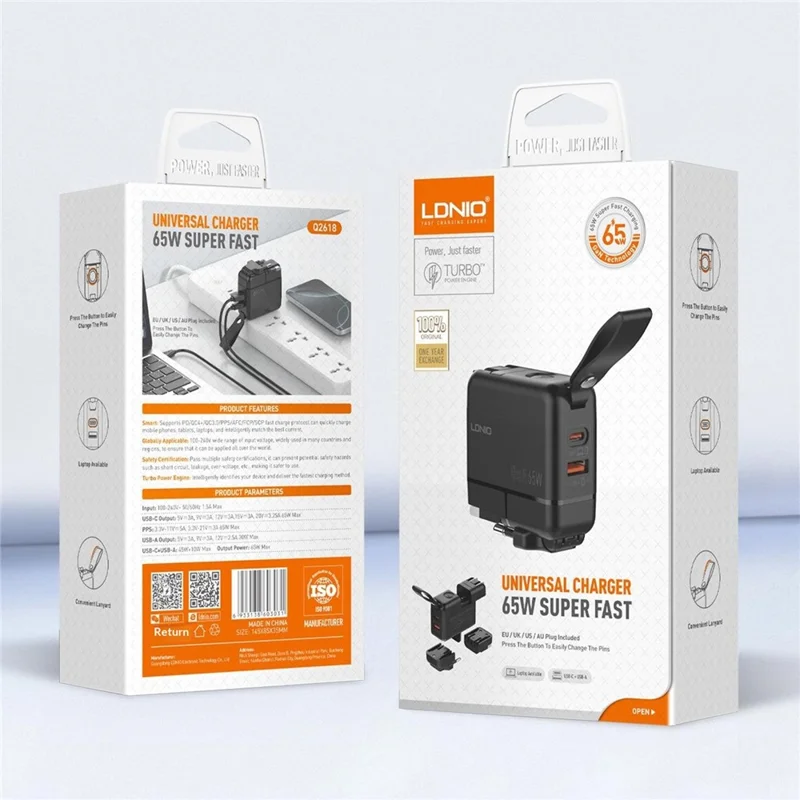 LDNIO Q2618 65W GaN Fast Charger Interchangeable Plugs USB-C PD Fast Charging Station for Laptop iPhone Android - Black