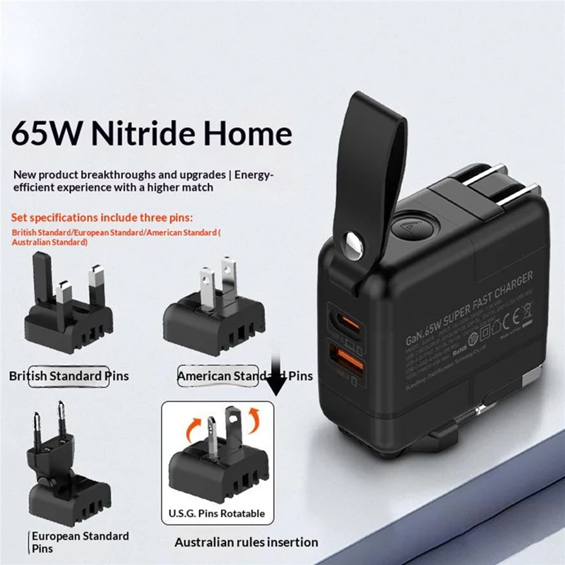 LDNIO Q2618 65W GaN Fast Charger Interchangeable Plugs USB-C PD Fast Charging Station for Laptop iPhone Android - Black