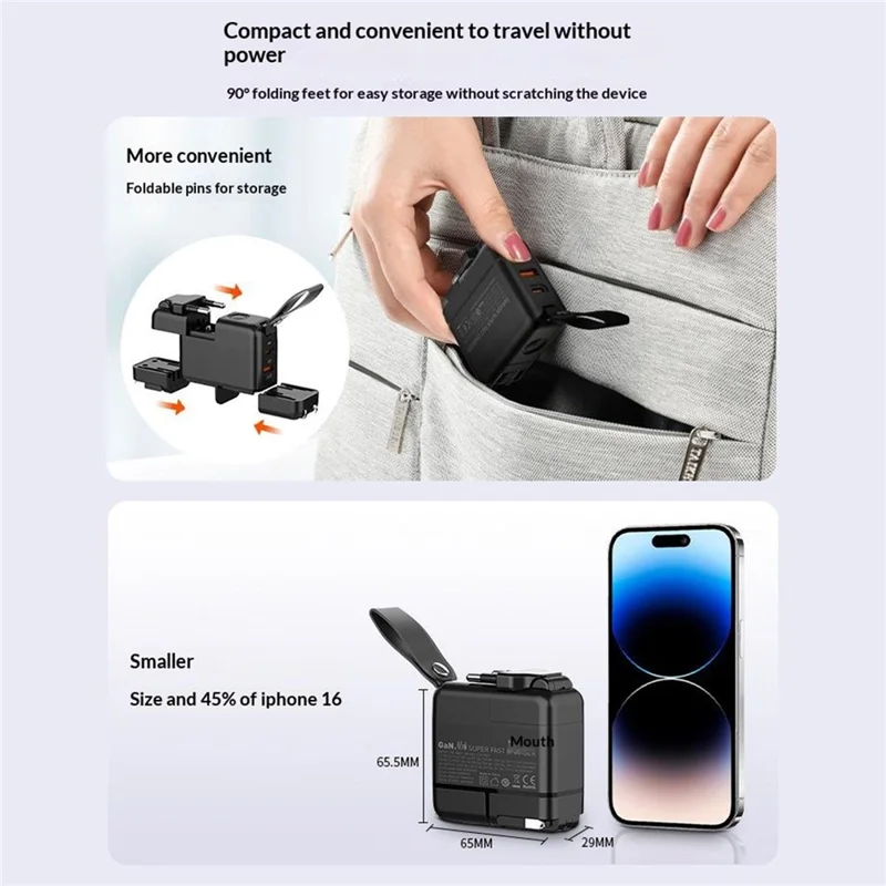 LDNIO Q2618 65W GaN Fast Charger Interchangeable Plugs USB-C PD Fast Charging Station for Laptop iPhone Android - Black