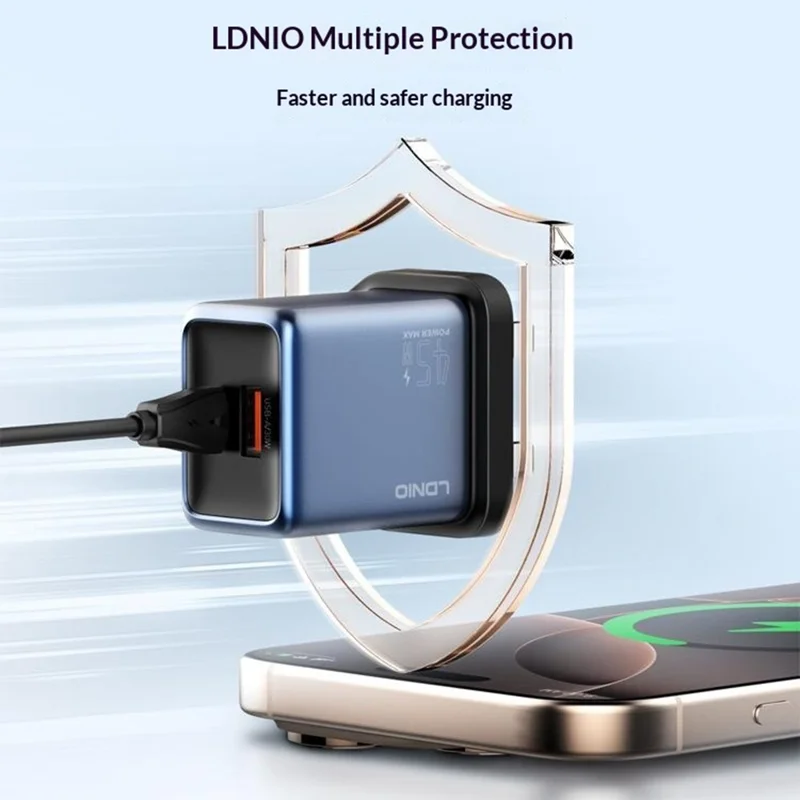 LDNIO Q12 45W GaN Fast Charger Dual Port Interchangeable Plug Universal Travel Charging Adapter - Black Blue  /  US Plug