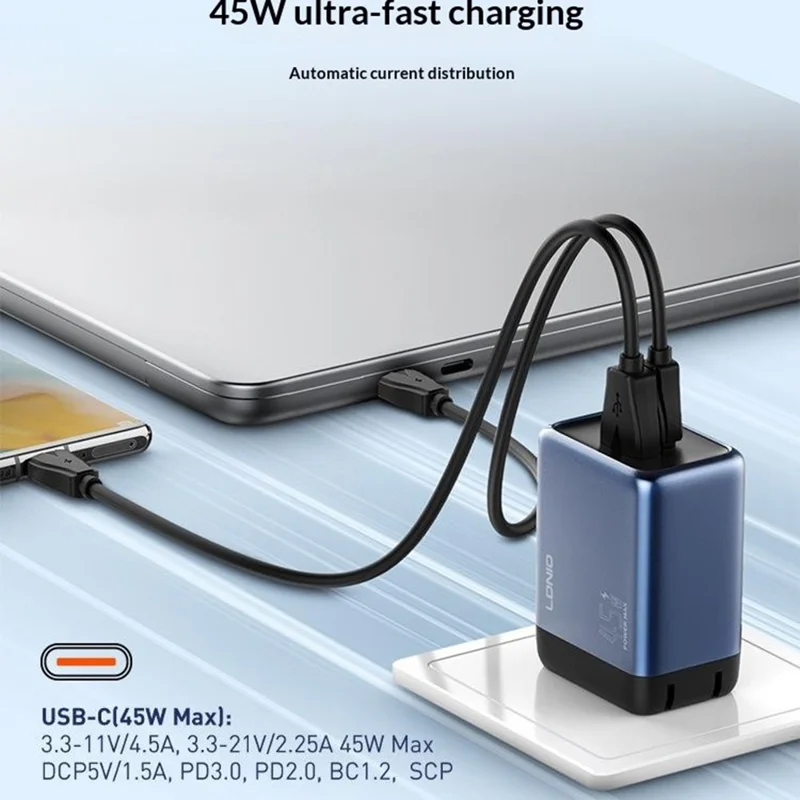 LDNIO Q12 45W GaN Fast Charger Dual Port Interchangeable Plug Universal Travel Charging Adapter - Black Blue  /  US Plug