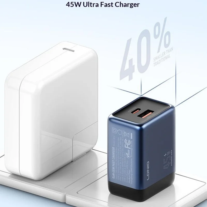 LDNIO Q12 45W GaN Fast Charger Dual Port Interchangeable Plug Universal Travel Charging Adapter - Black Blue  /  US Plug