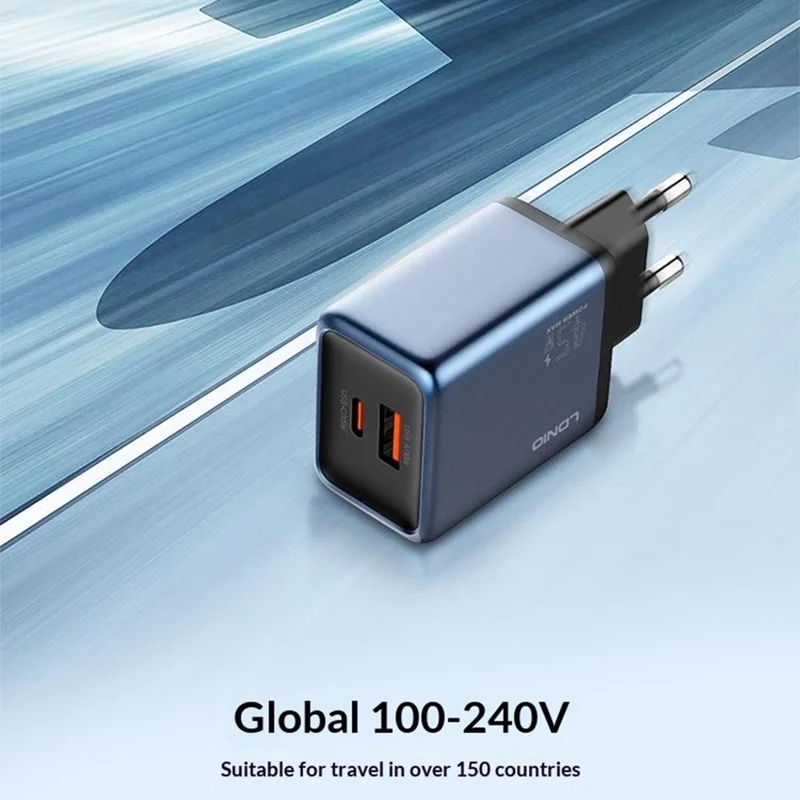 LDNIO Q12 45W GaN Fast Charger Dual Port Interchangeable Plug Universal Travel Charging Adapter - Black Blue  /  US Plug