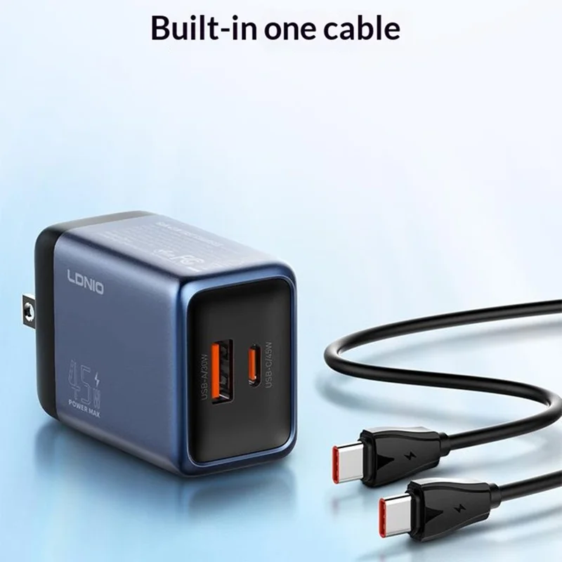 LDNIO Q12 45W GaN Fast Charger Dual Port Interchangeable Plug Universal Travel Charging Adapter - Black Blue  /  US Plug