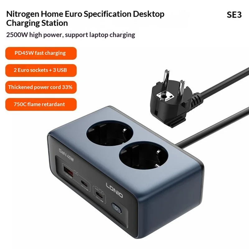 LDNIO SE3 45W GaN Power Strip 2 AC Outlets 3 USB Ports PD Fast Charging Power Socket Desktop Charger - Blue  /  EU Plug