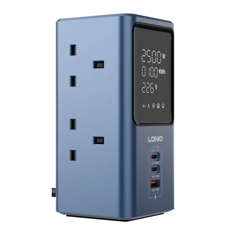 LDNIO SK2 45 W GaN multiprise 4 prises CA UK 3 ports USB affichage numérique station de charge multi-appareils prise électrique - Bleu