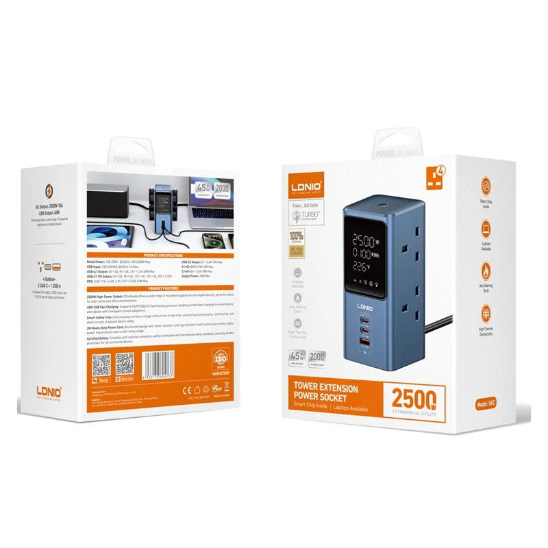 LDNIO SK2 45 W GaN multiprise 4 prises CA UK 3 ports USB affichage numérique station de charge multi-appareils prise électrique - Bleu