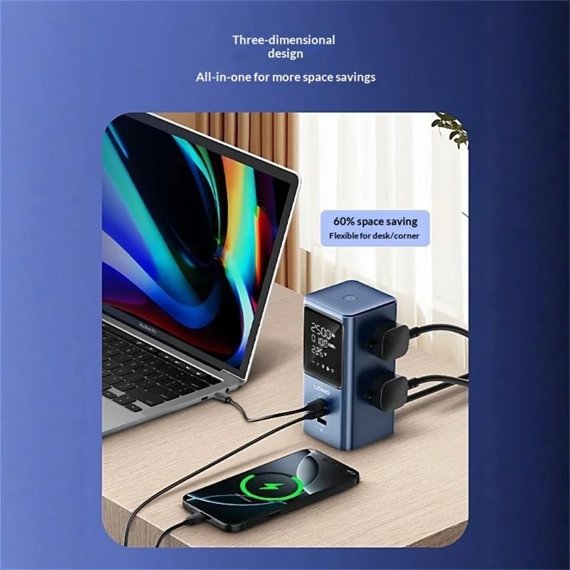 LDNIO SK2 45 W GaN multiprise 4 prises CA UK 3 ports USB affichage numérique station de charge multi-appareils prise électrique - Bleu