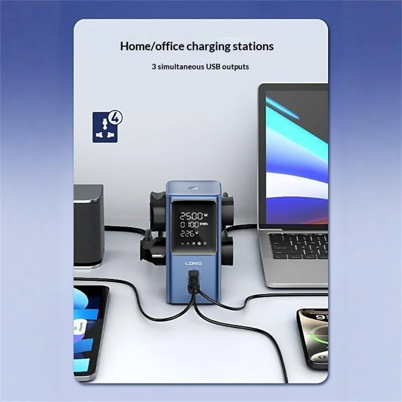 LDNIO SK2 45 W GaN multiprise 4 prises CA UK 3 ports USB affichage numérique station de charge multi-appareils prise électrique - Bleu