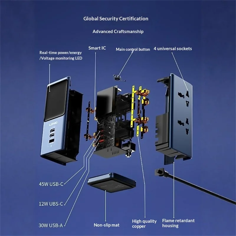 LDNIO SK2 45 W GaN multiprise 4 prises CA UK 3 ports USB affichage numérique station de charge multi-appareils prise électrique - Bleu