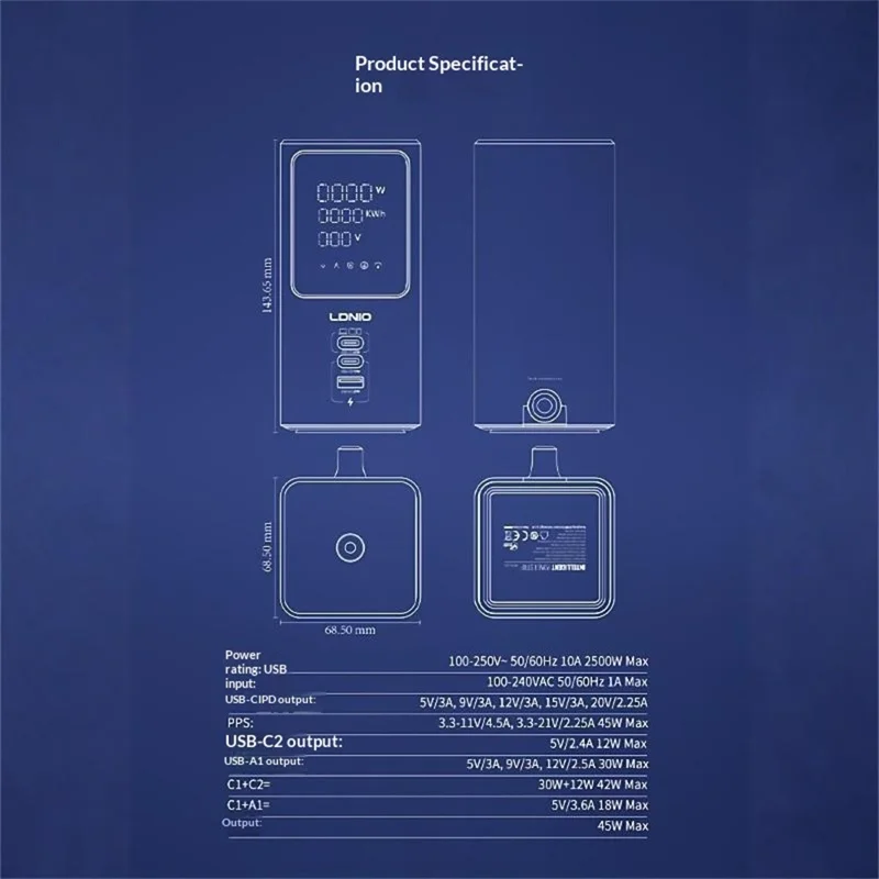 LDNIO SK2 45 W GaN multiprise 4 prises CA UK 3 ports USB affichage numérique station de charge multi-appareils prise électrique - Bleu