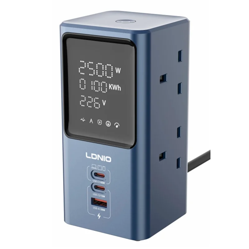 LDNIO SK2 45 W GaN multiprise 4 prises CA UK 3 ports USB affichage numérique station de charge multi-appareils prise électrique - Bleu