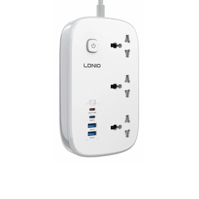 LDNIO SC6 45W GaN Power Strip 3 AC Outlets 4 USB Ports Fast Charging Station Power Socket for Laptop Phone - White