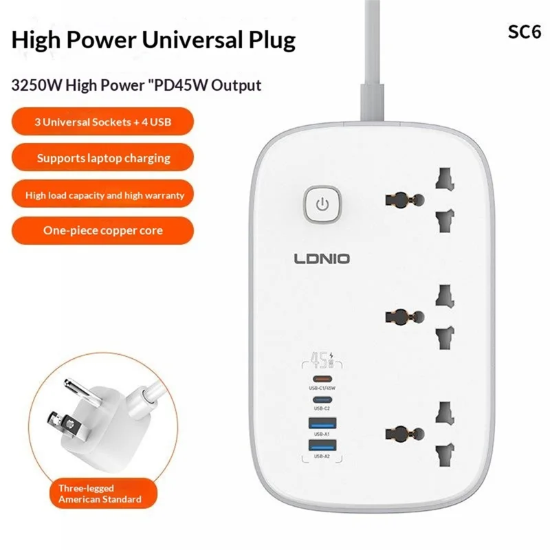 LDNIO SC6 45W GaN Power Strip 3 AC Outlets 4 USB Ports Fast Charging Station Power Socket for Laptop Phone - White
