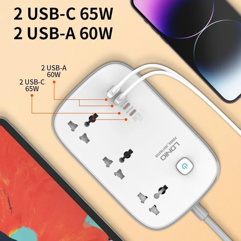 LDNIO SC6 45W GaN Power Strip 3 AC Outlets 4 USB Ports Fast Charging Station Power Socket for Laptop Phone - White