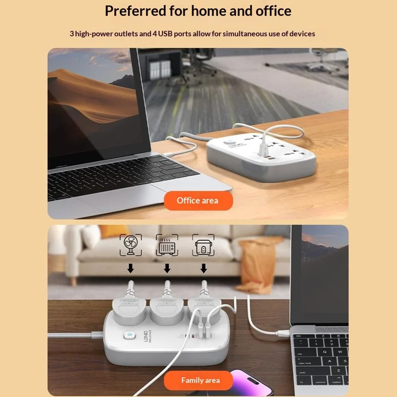 LDNIO SC6 45W GaN Power Strip 3 AC Outlets 4 USB Ports Fast Charging Station Power Socket for Laptop Phone - White