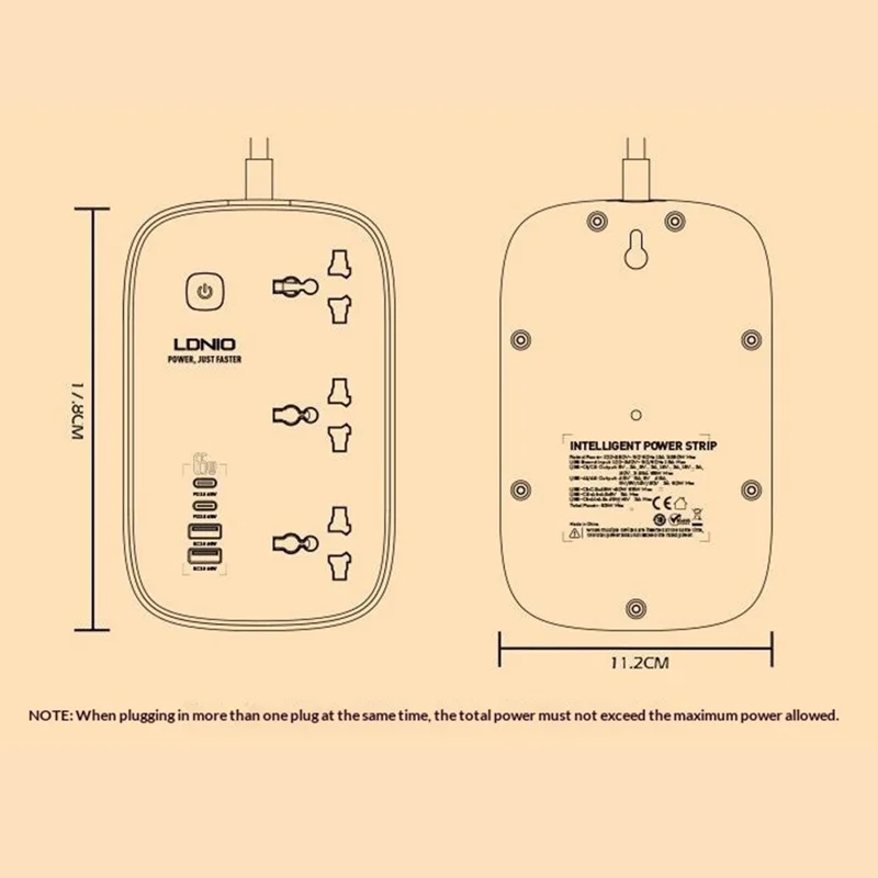 LDNIO SC6 45W GaN Power Strip 3 AC Outlets 4 USB Ports Fast Charging Station Power Socket for Laptop Phone - White