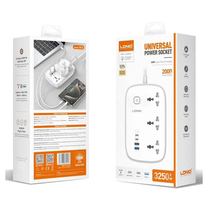 LDNIO SC6 45W GaN Power Strip 3 AC Outlets 4 USB Ports Fast Charging Station Power Socket for Laptop Phone - White