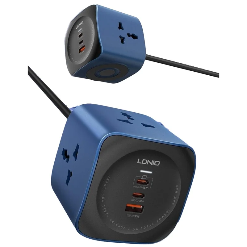 LDNIO SC3319 65W GaN Regleta de Enchufes 3 Salidas AC 3 Puertos USB Cargador de Escritorio Enchufe de Pared con Cable de 2m